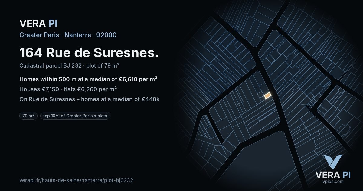 164 Rue de Suresnes, Nanterre at night – the plot lit, the parcels around coloured by the prices near them