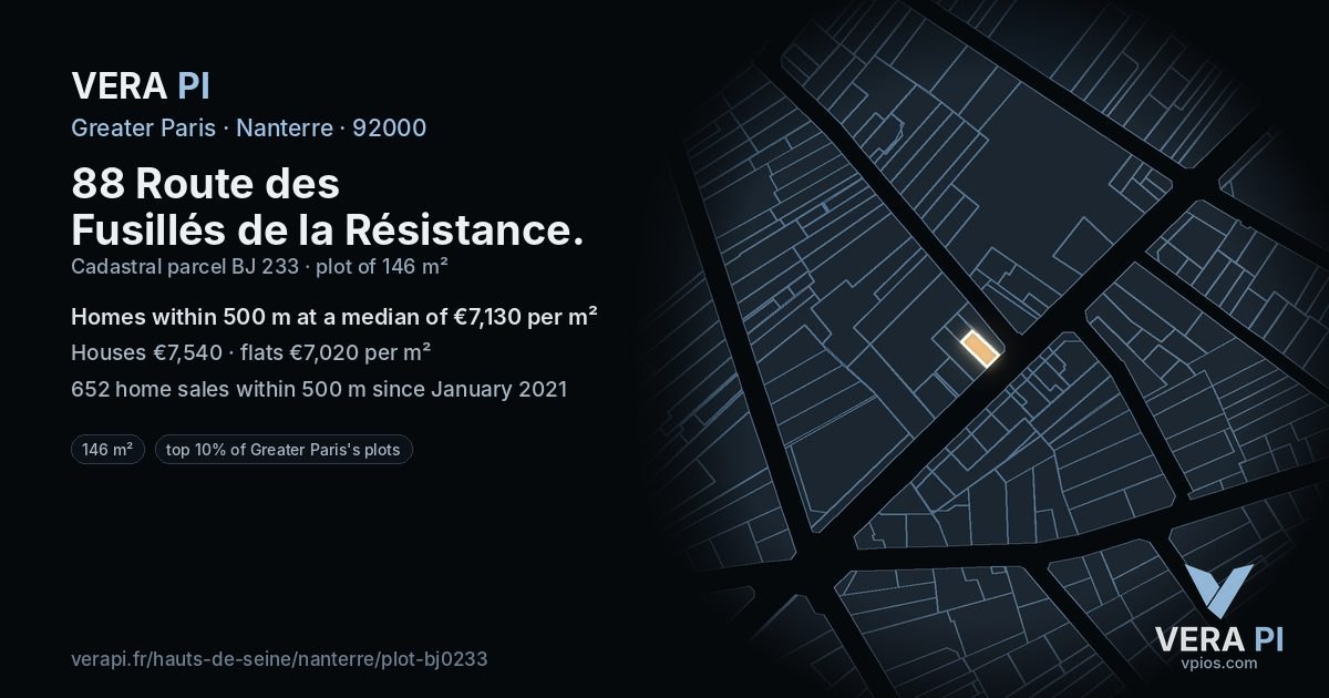 88 Route des Fusillés de la Résistance, Nanterre at night – the plot lit, the parcels around coloured by the prices near them
