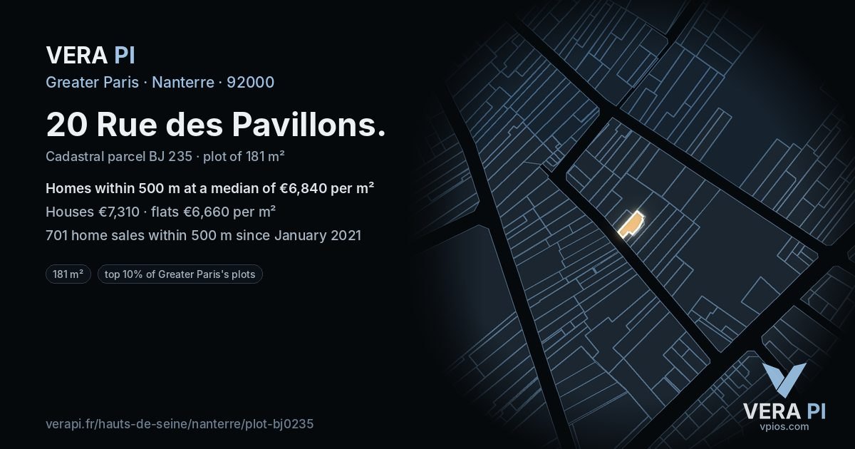 20 Rue des Pavillons, Nanterre at night – the plot lit, the parcels around coloured by the prices near them