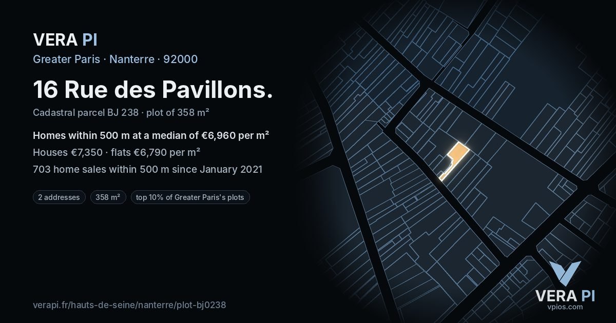 16 Rue des Pavillons, Nanterre at night – the plot lit, the parcels around coloured by the prices near them