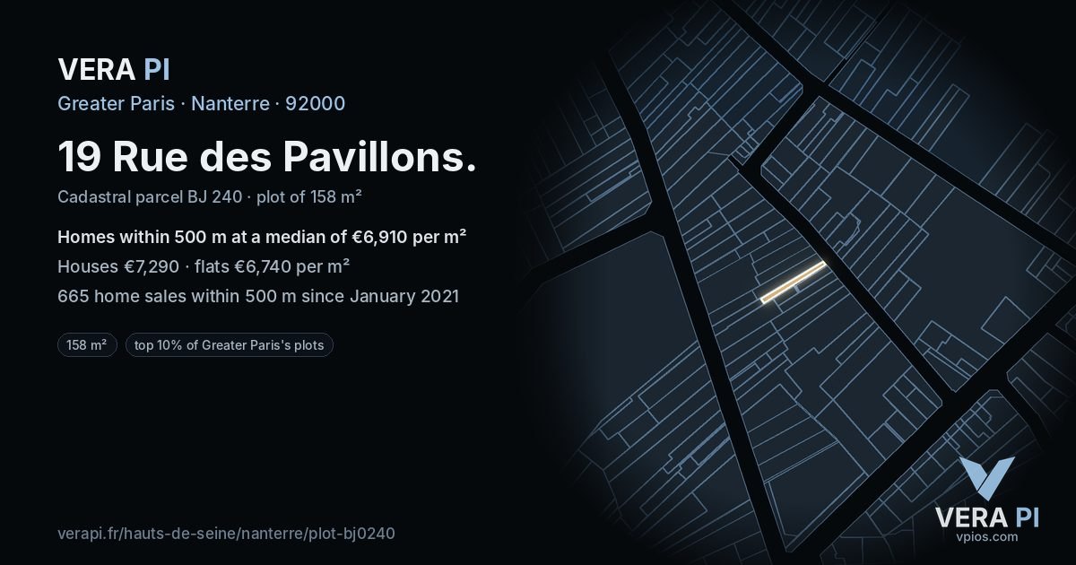 19 Rue des Pavillons, Nanterre at night – the plot lit, the parcels around coloured by the prices near them