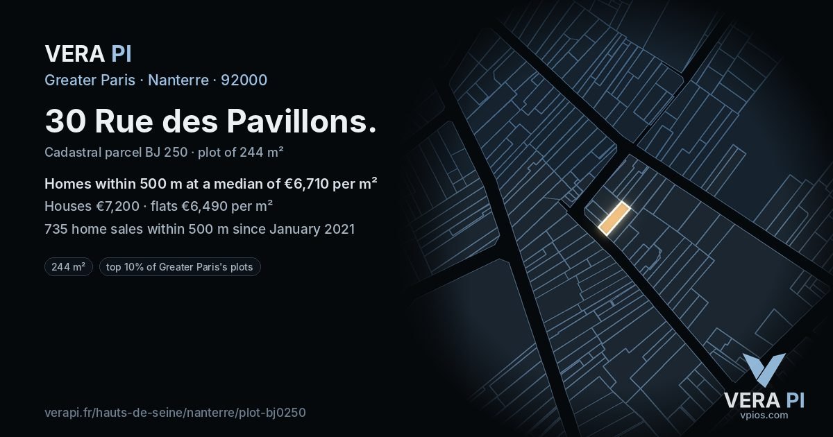 30 Rue des Pavillons, Nanterre at night – the plot lit, the parcels around coloured by the prices near them