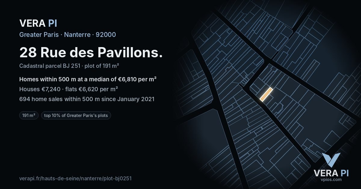 28 Rue des Pavillons, Nanterre at night – the plot lit, the parcels around coloured by the prices near them