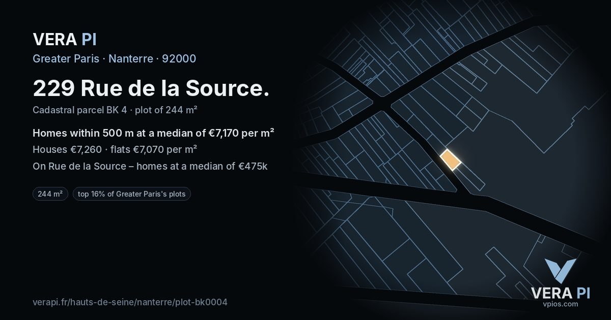229 Rue de la Source, Nanterre at night – the plot lit, the parcels around coloured by the prices near them