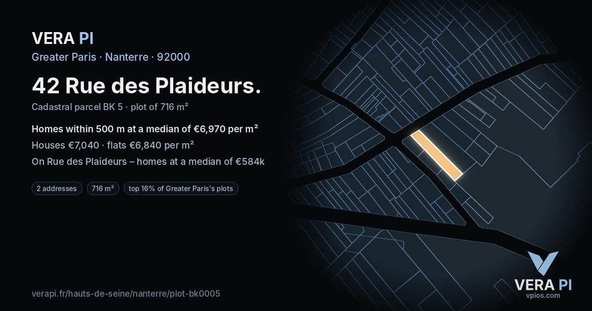 42 Rue des Plaideurs, Nanterre at night – the plot lit, the parcels around coloured by the prices near them