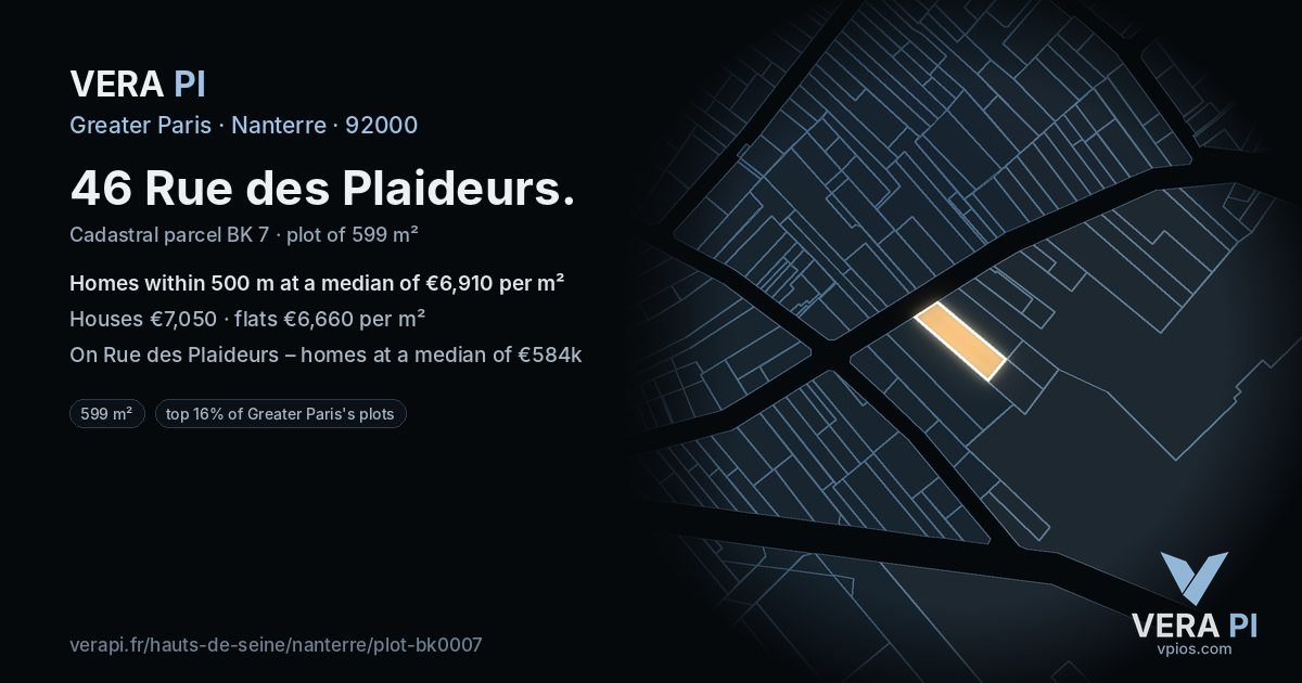 46 Rue des Plaideurs, Nanterre at night – the plot lit, the parcels around coloured by the prices near them