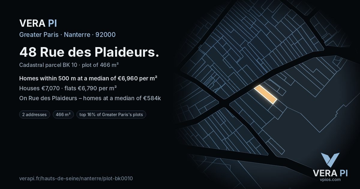 48 Rue des Plaideurs, Nanterre at night – the plot lit, the parcels around coloured by the prices near them