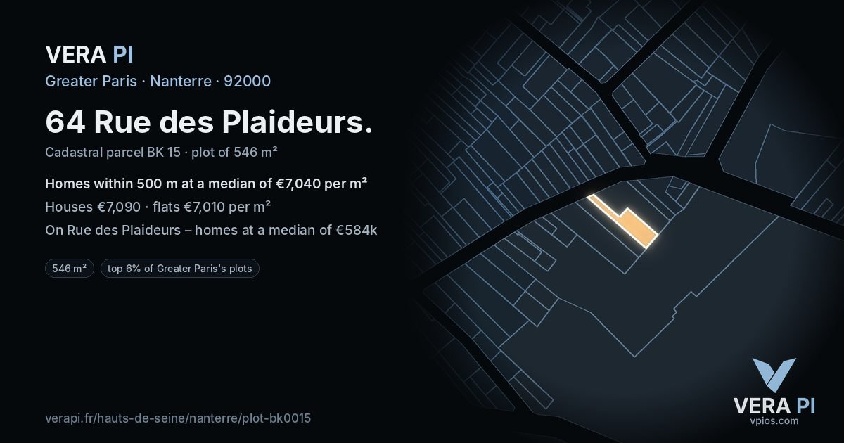 64 Rue des Plaideurs, Nanterre at night – the plot lit, the parcels around coloured by the prices near them
