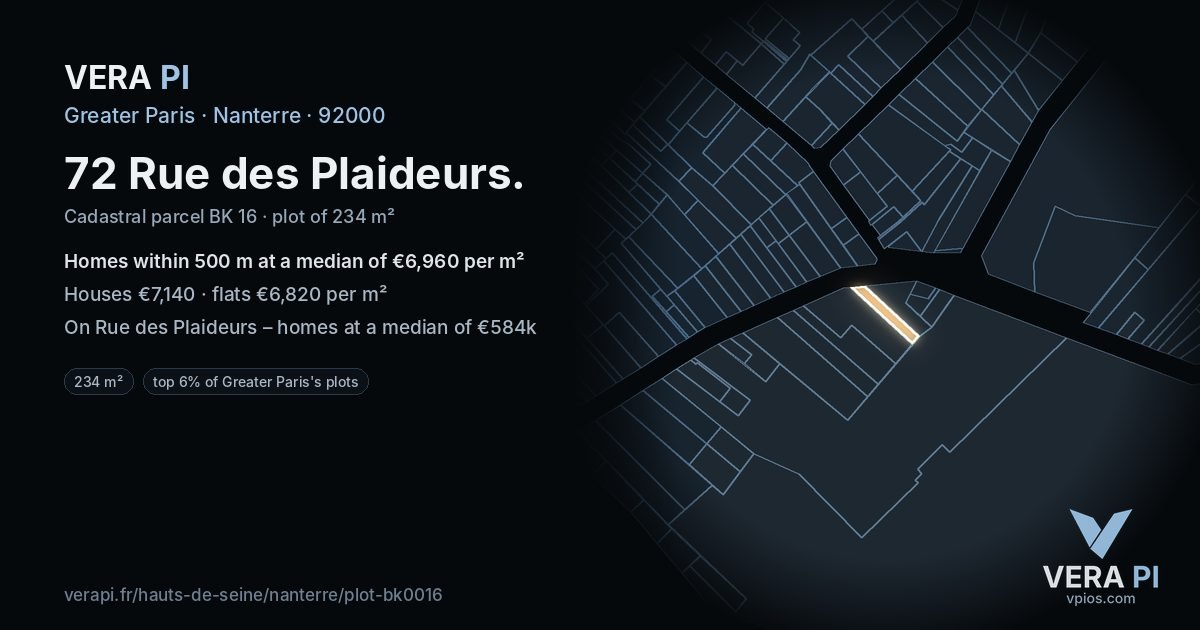 72 Rue des Plaideurs, Nanterre at night – the plot lit, the parcels around coloured by the prices near them