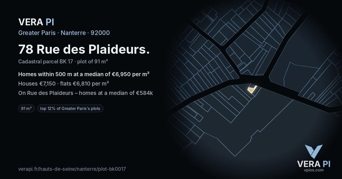 78 Rue des Plaideurs, Nanterre at night – the plot lit, the parcels around coloured by the prices near them