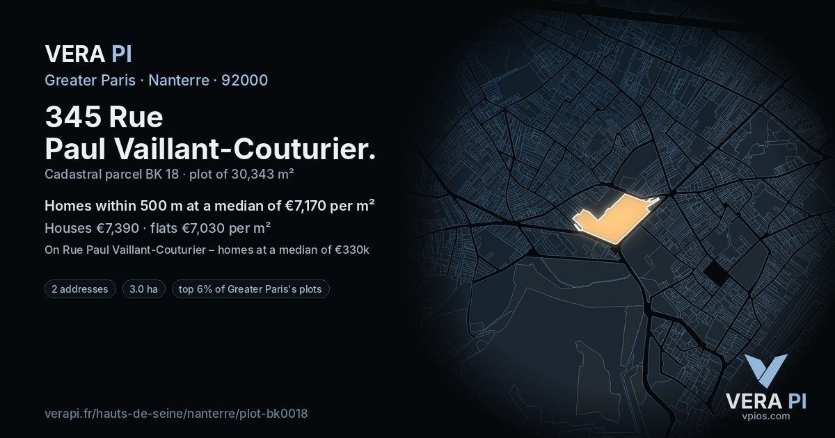 345 Rue Paul Vaillant-Couturier, Nanterre at night – the plot lit, the parcels around coloured by the prices near them
