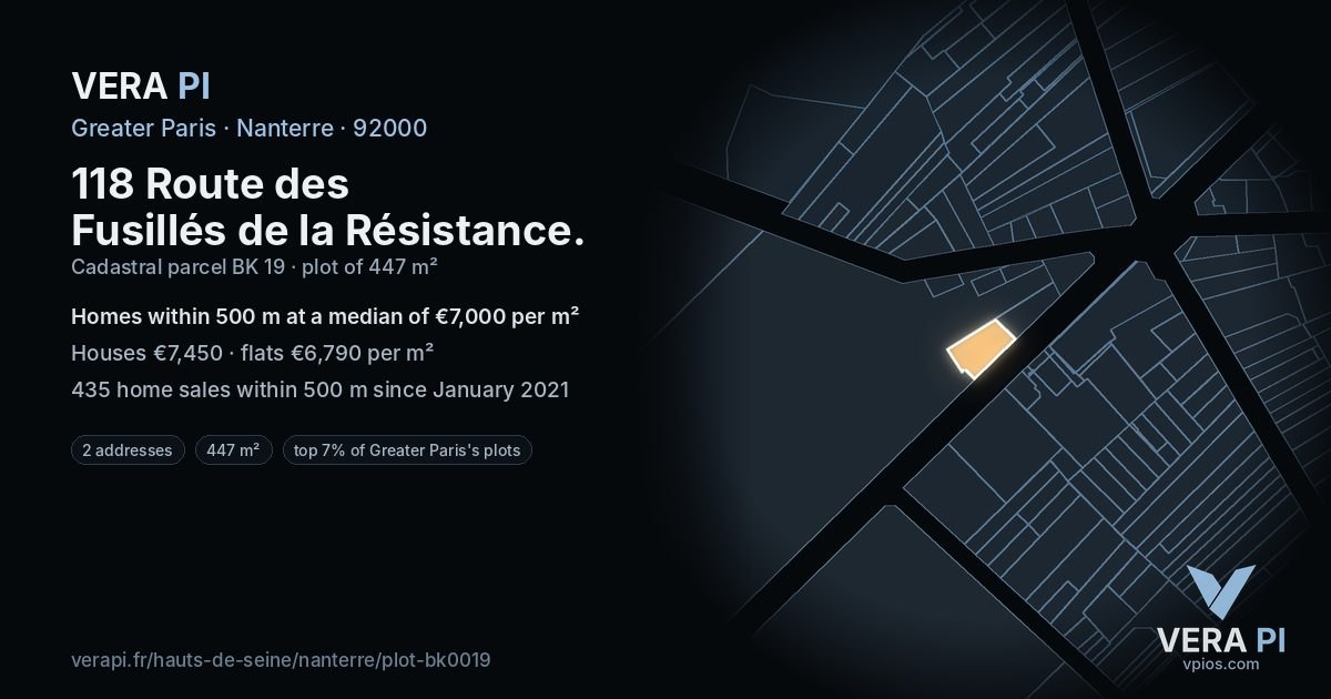 118 Route des Fusillés de la Résistance, Nanterre at night – the plot lit, the parcels around coloured by the prices near them