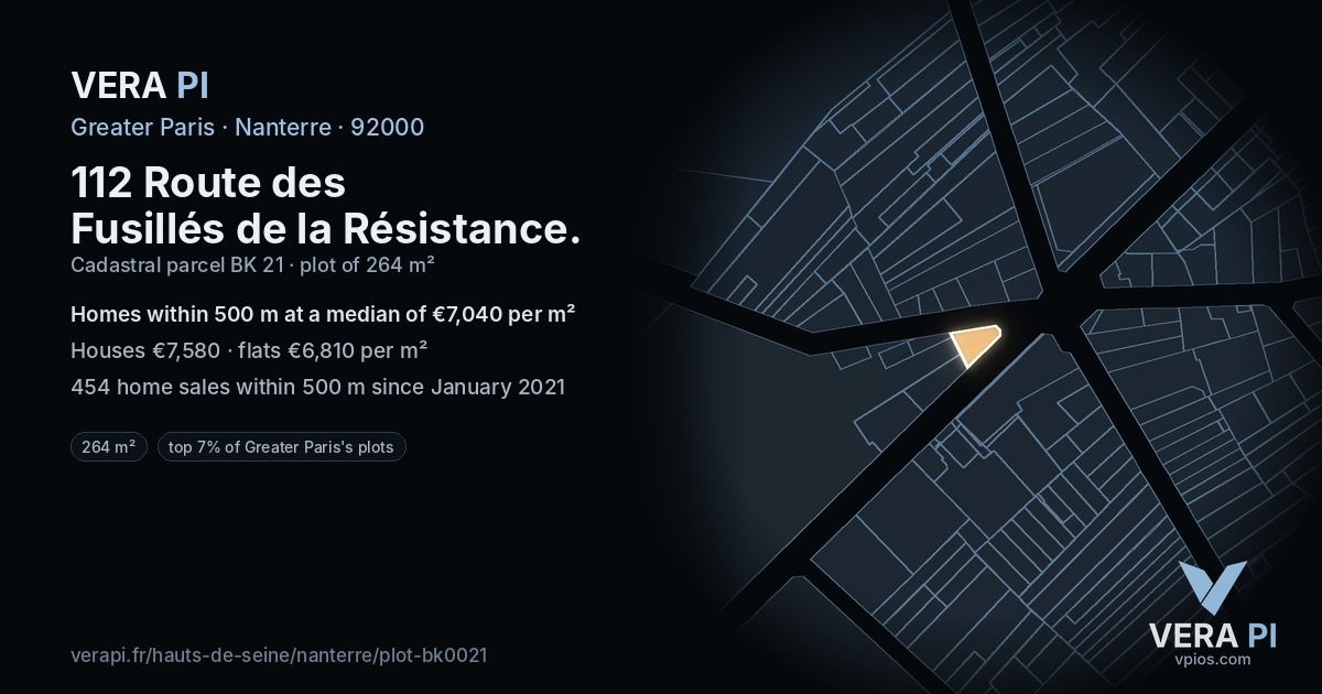112 Route des Fusillés de la Résistance, Nanterre at night – the plot lit, the parcels around coloured by the prices near them