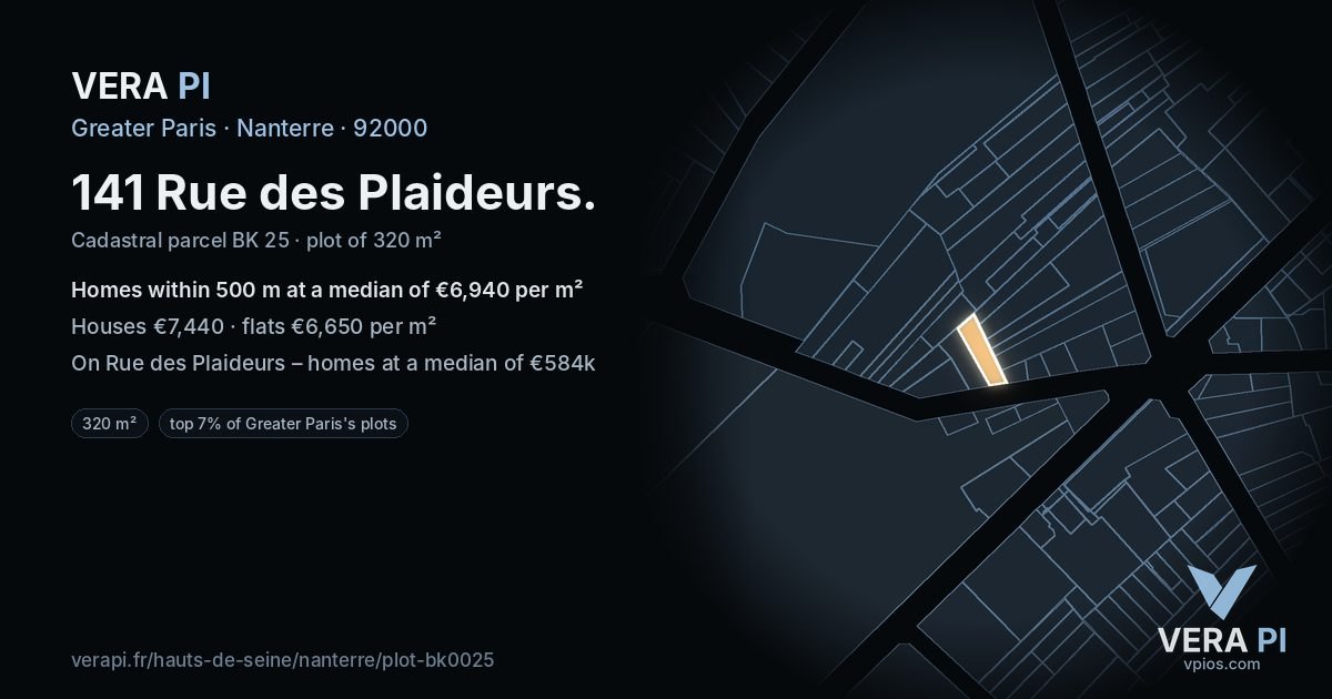 141 Rue des Plaideurs, Nanterre at night – the plot lit, the parcels around coloured by the prices near them