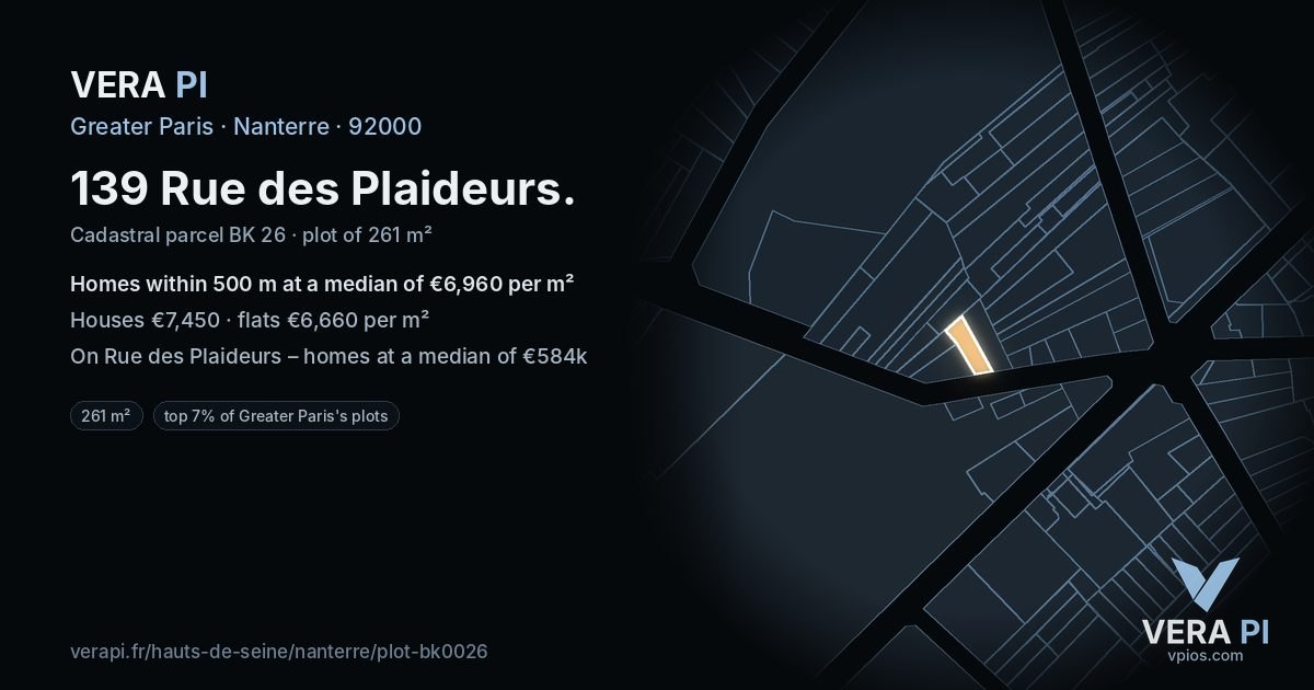 139 Rue des Plaideurs, Nanterre at night – the plot lit, the parcels around coloured by the prices near them
