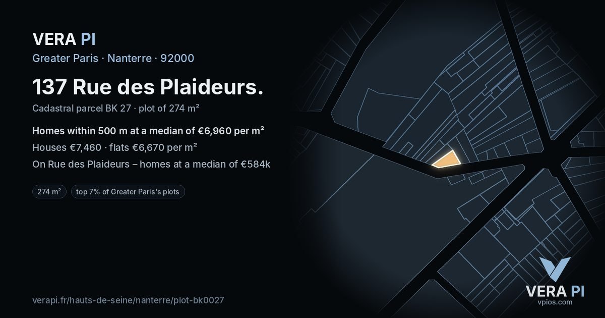 137 Rue des Plaideurs, Nanterre at night – the plot lit, the parcels around coloured by the prices near them