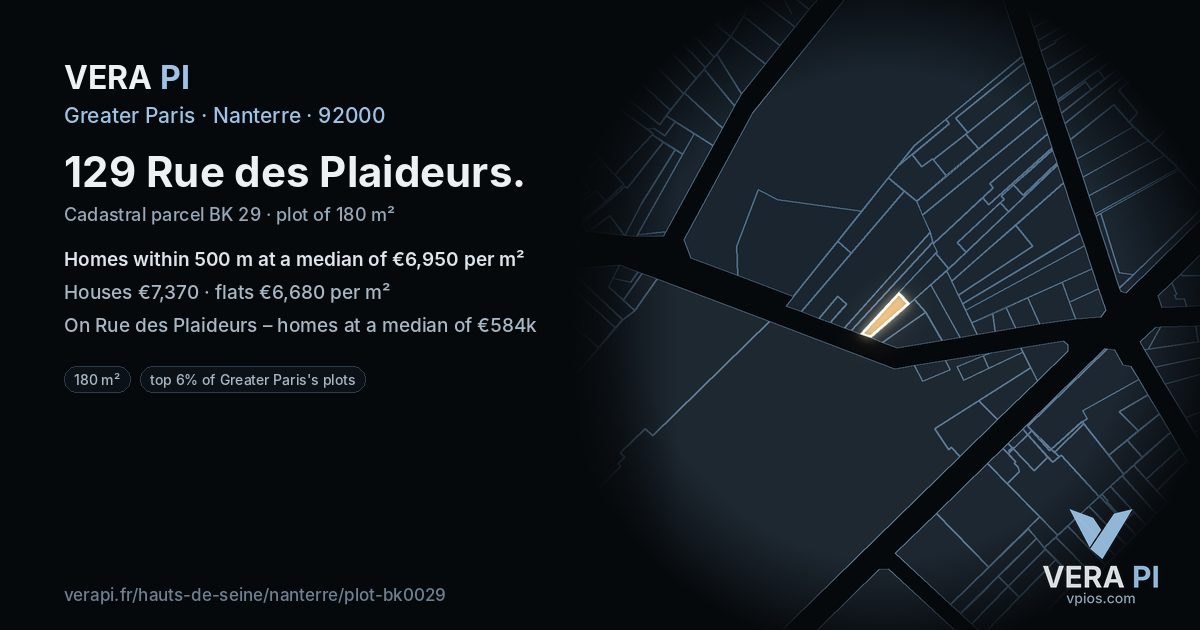 129 Rue des Plaideurs, Nanterre at night – the plot lit, the parcels around coloured by the prices near them