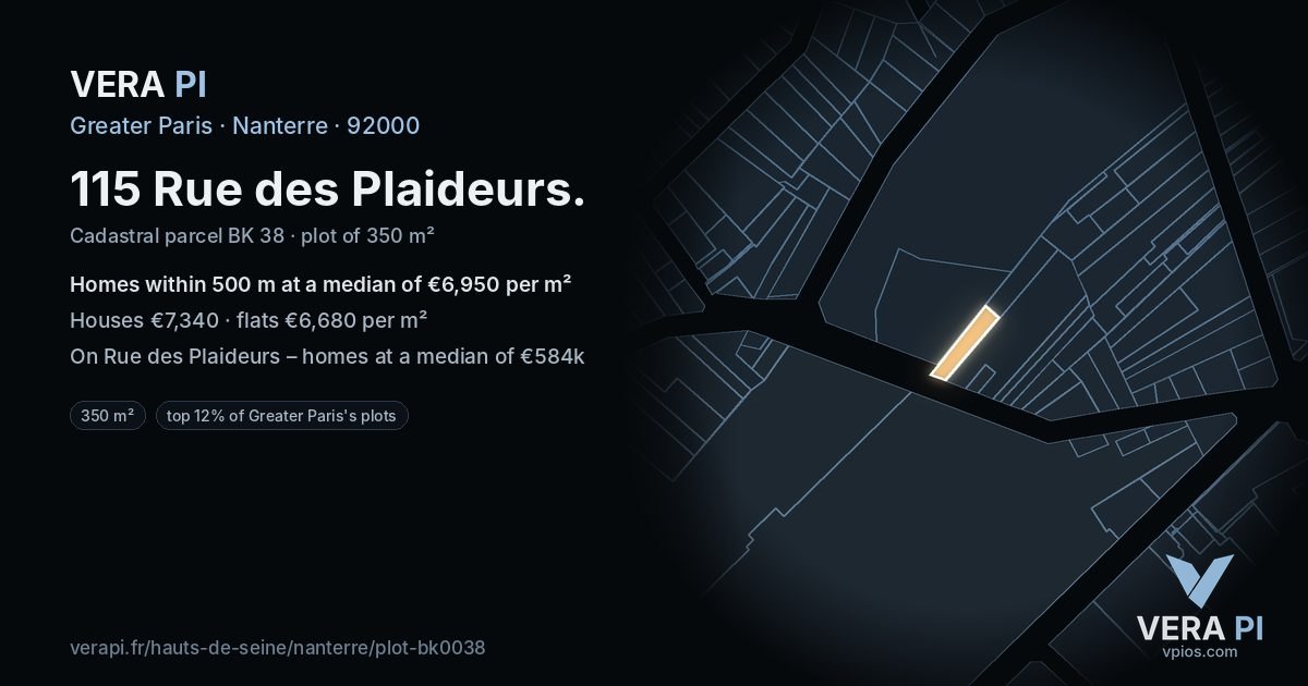 115 Rue des Plaideurs, Nanterre at night – the plot lit, the parcels around coloured by the prices near them