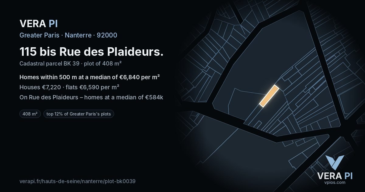 115 bis Rue des Plaideurs, Nanterre at night – the plot lit, the parcels around coloured by the prices near them