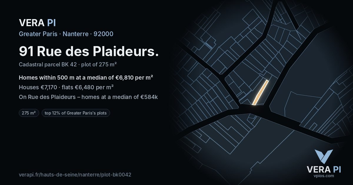 91 Rue des Plaideurs, Nanterre at night – the plot lit, the parcels around coloured by the prices near them