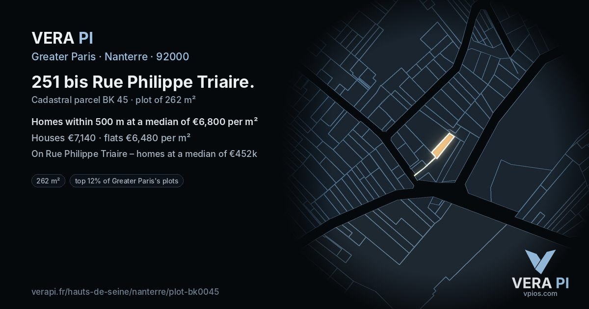 251 bis Rue Philippe Triaire, Nanterre at night – the plot lit, the parcels around coloured by the prices near them