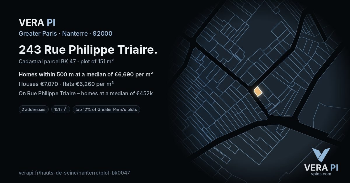 243 Rue Philippe Triaire, Nanterre at night – the plot lit, the parcels around coloured by the prices near them