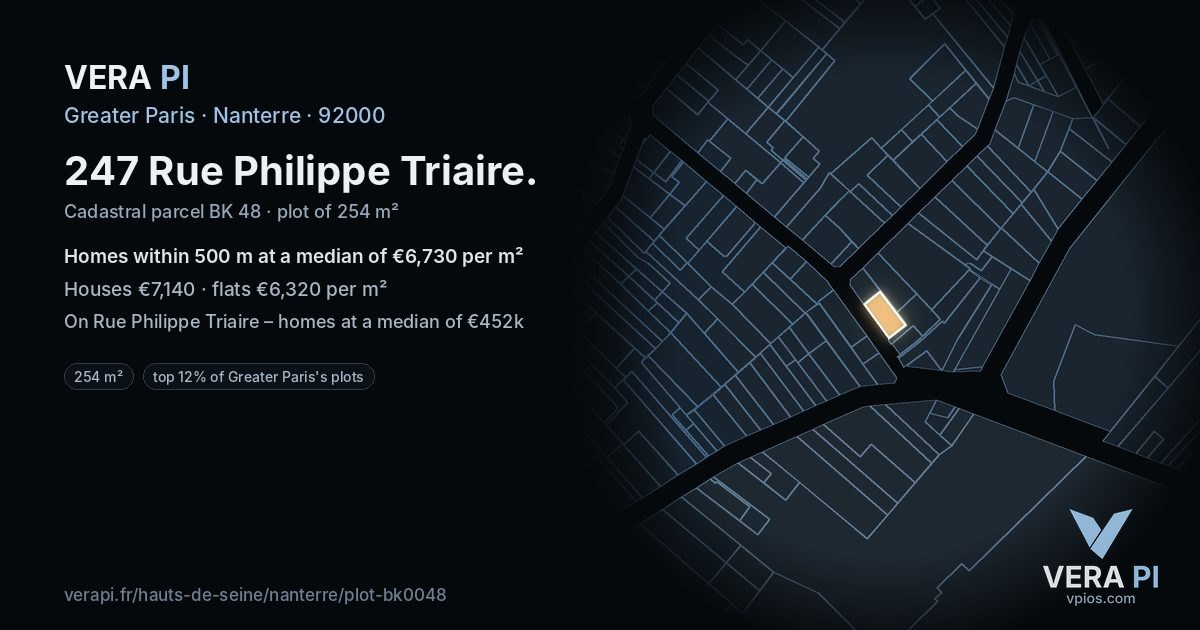 247 Rue Philippe Triaire, Nanterre at night – the plot lit, the parcels around coloured by the prices near them