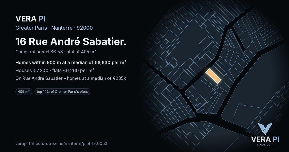 16 Rue André Sabatier, Nanterre at night – the plot lit, the parcels around coloured by the prices near them