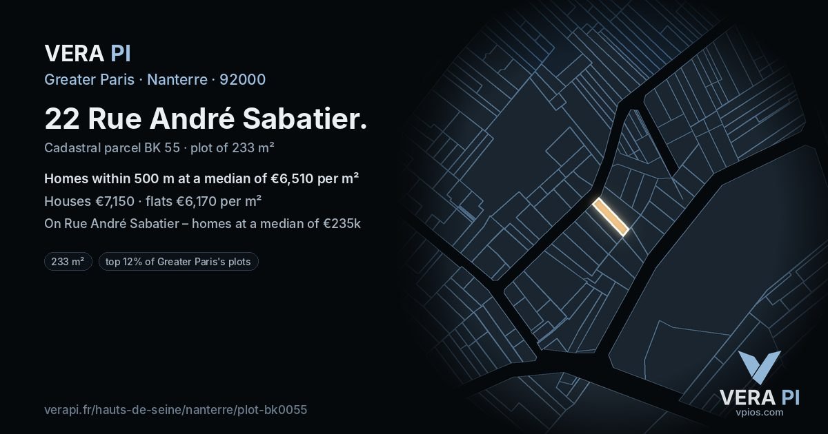 22 Rue André Sabatier, Nanterre at night – the plot lit, the parcels around coloured by the prices near them