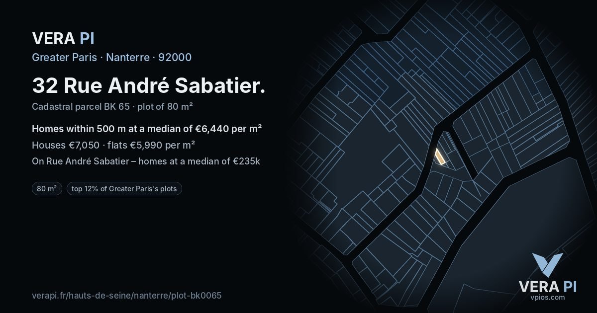32 Rue André Sabatier, Nanterre at night – the plot lit, the parcels around coloured by the prices near them