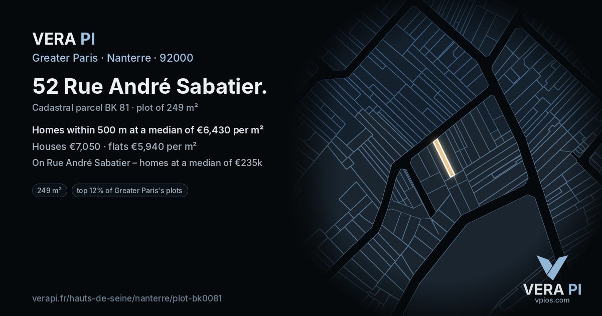 52 Rue André Sabatier, Nanterre at night – the plot lit, the parcels around coloured by the prices near them