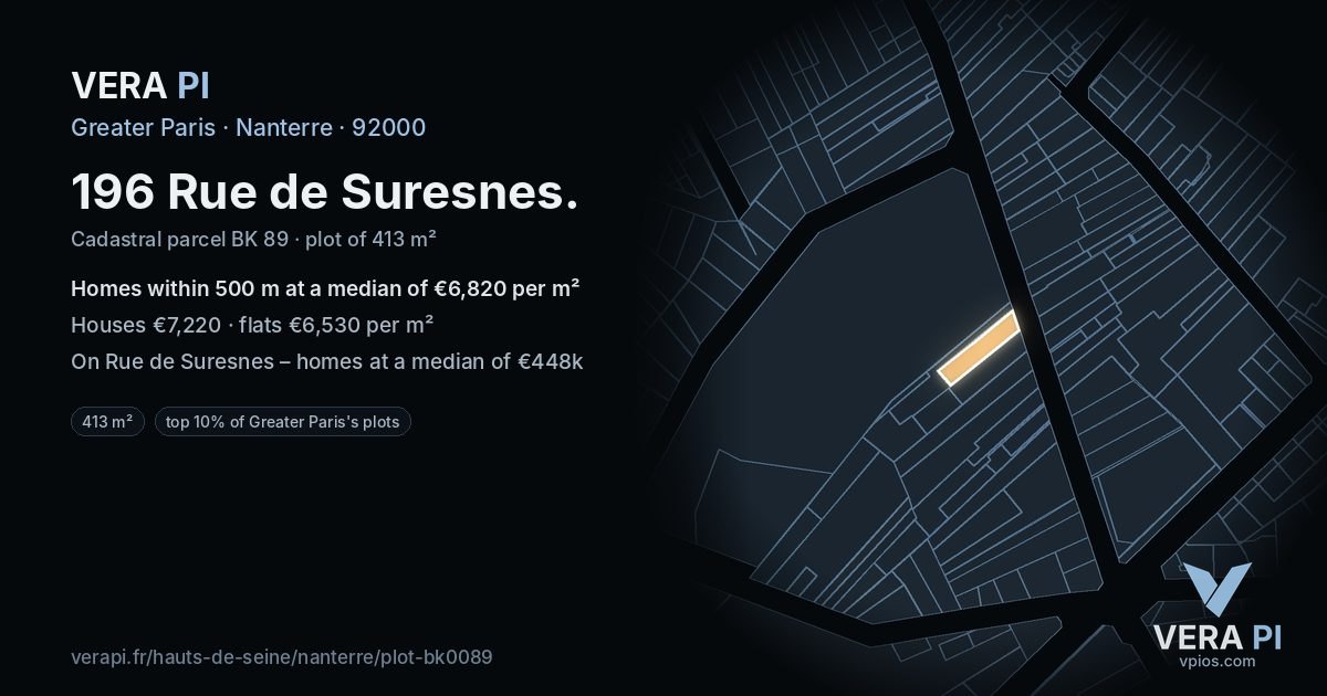 196 Rue de Suresnes, Nanterre at night – the plot lit, the parcels around coloured by the prices near them