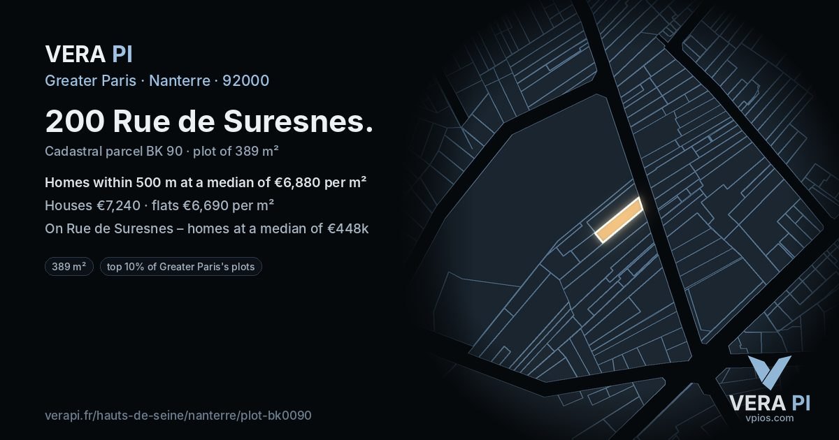 200 Rue de Suresnes, Nanterre at night – the plot lit, the parcels around coloured by the prices near them