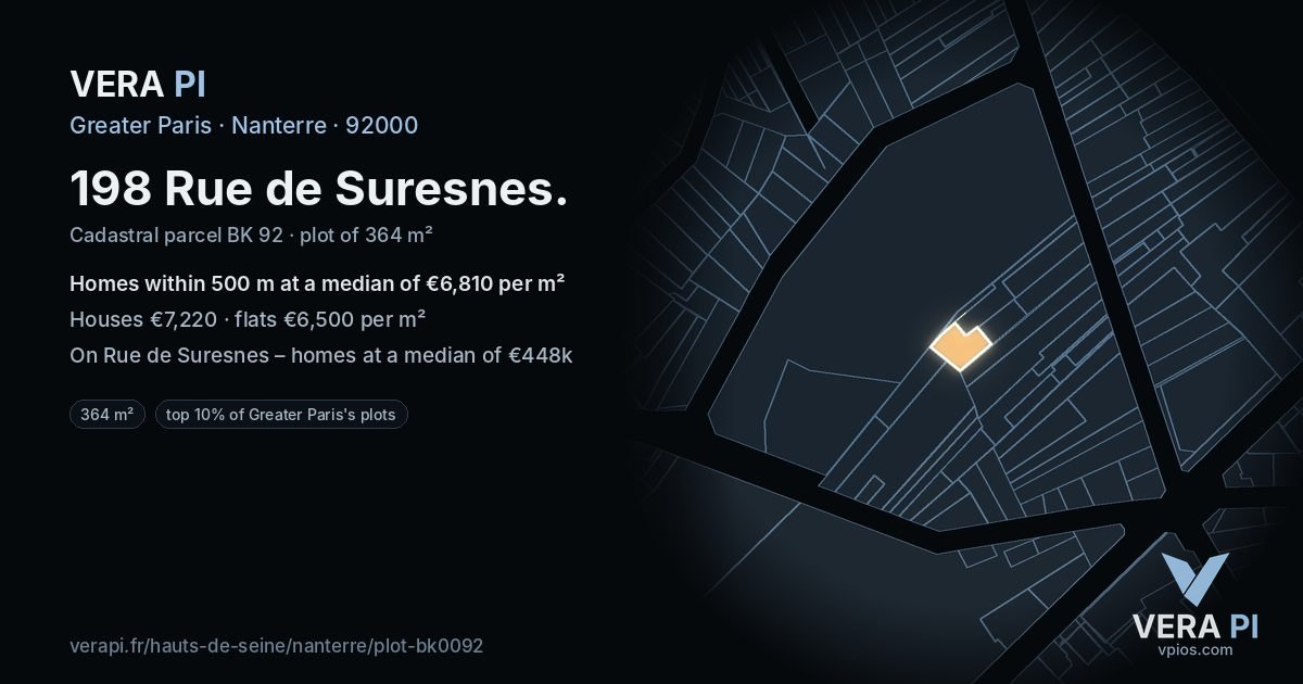 198 Rue de Suresnes, Nanterre at night – the plot lit, the parcels around coloured by the prices near them