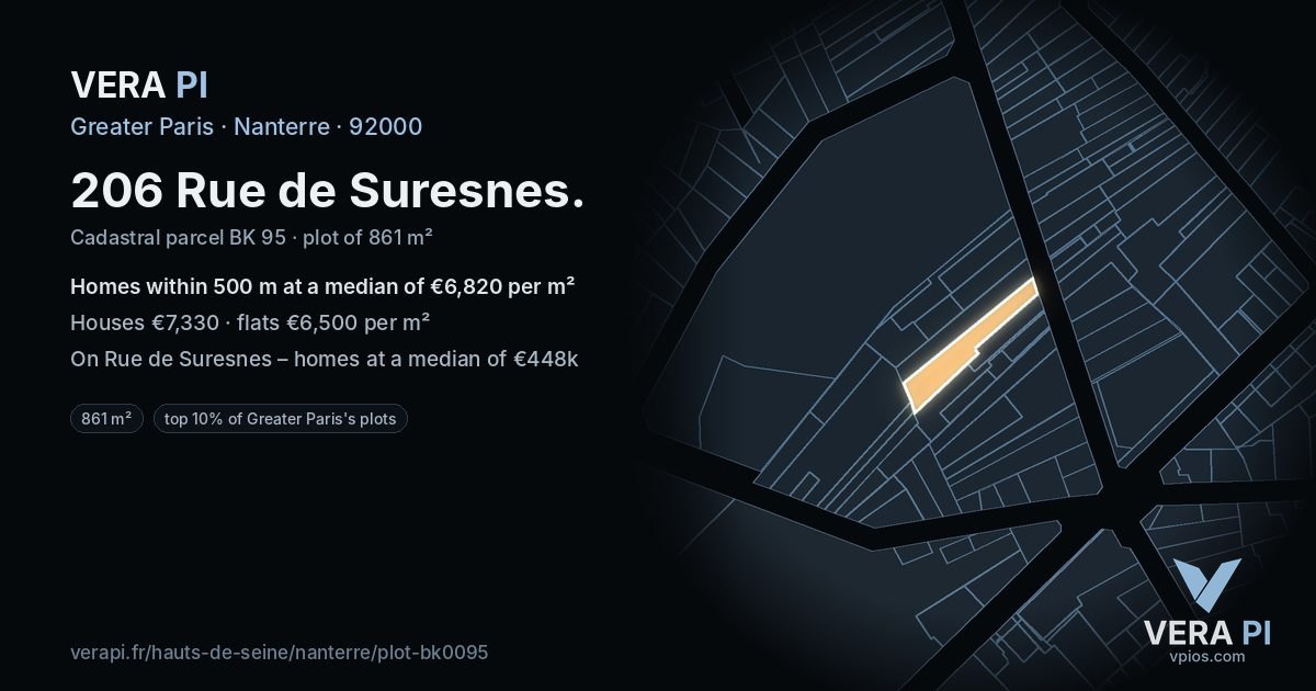 206 Rue de Suresnes, Nanterre at night – the plot lit, the parcels around coloured by the prices near them
