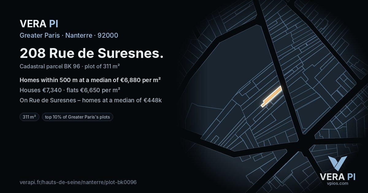 208 Rue de Suresnes, Nanterre at night – the plot lit, the parcels around coloured by the prices near them