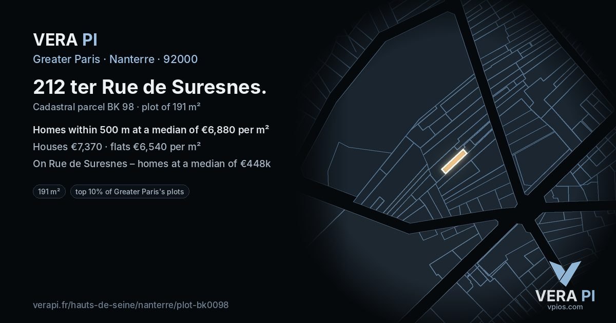 212 ter Rue de Suresnes, Nanterre at night – the plot lit, the parcels around coloured by the prices near them