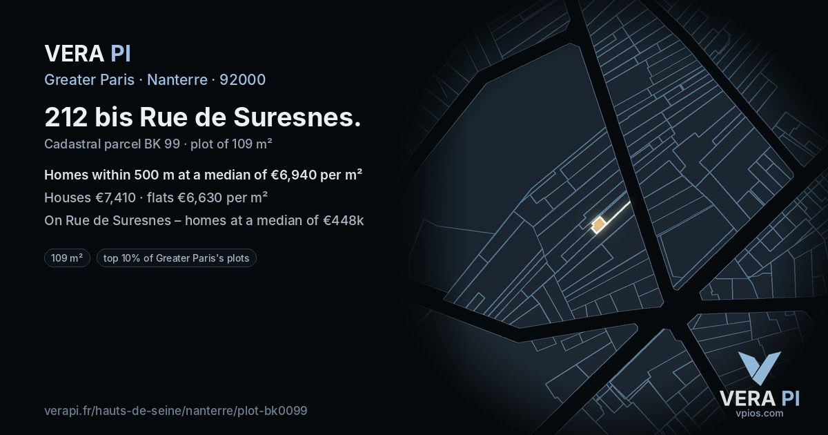 212 bis Rue de Suresnes, Nanterre at night – the plot lit, the parcels around coloured by the prices near them