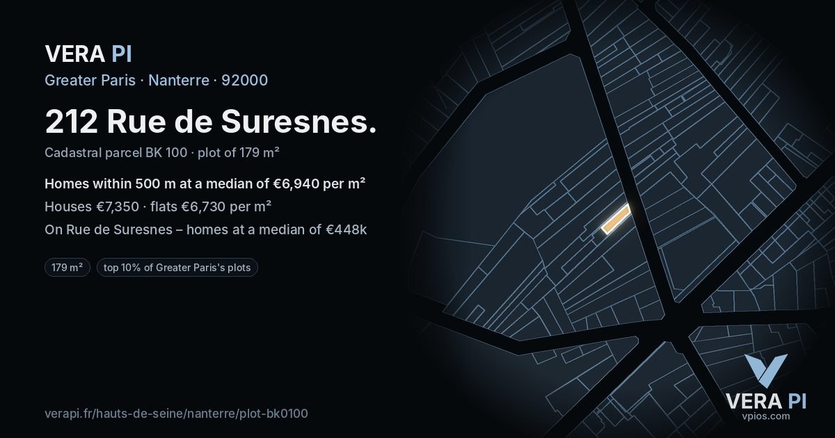 212 Rue de Suresnes, Nanterre at night – the plot lit, the parcels around coloured by the prices near them