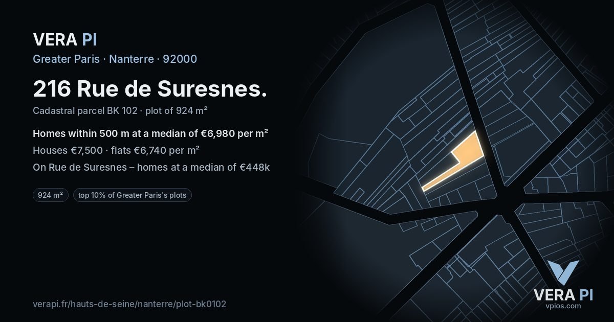 216 Rue de Suresnes, Nanterre at night – the plot lit, the parcels around coloured by the prices near them
