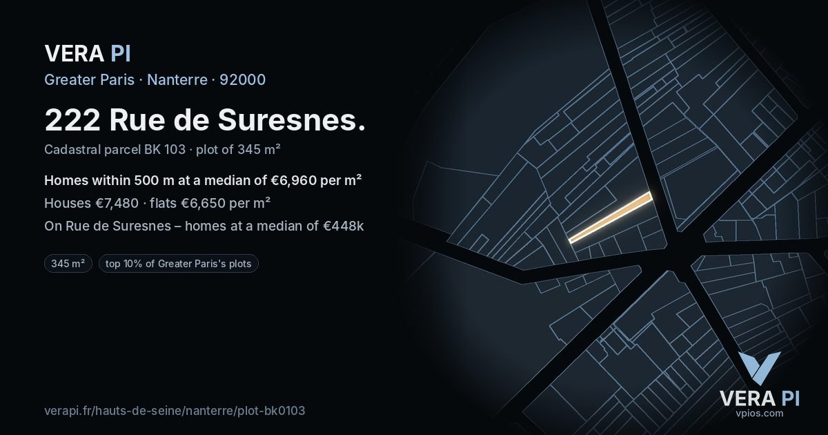 222 Rue de Suresnes, Nanterre at night – the plot lit, the parcels around coloured by the prices near them