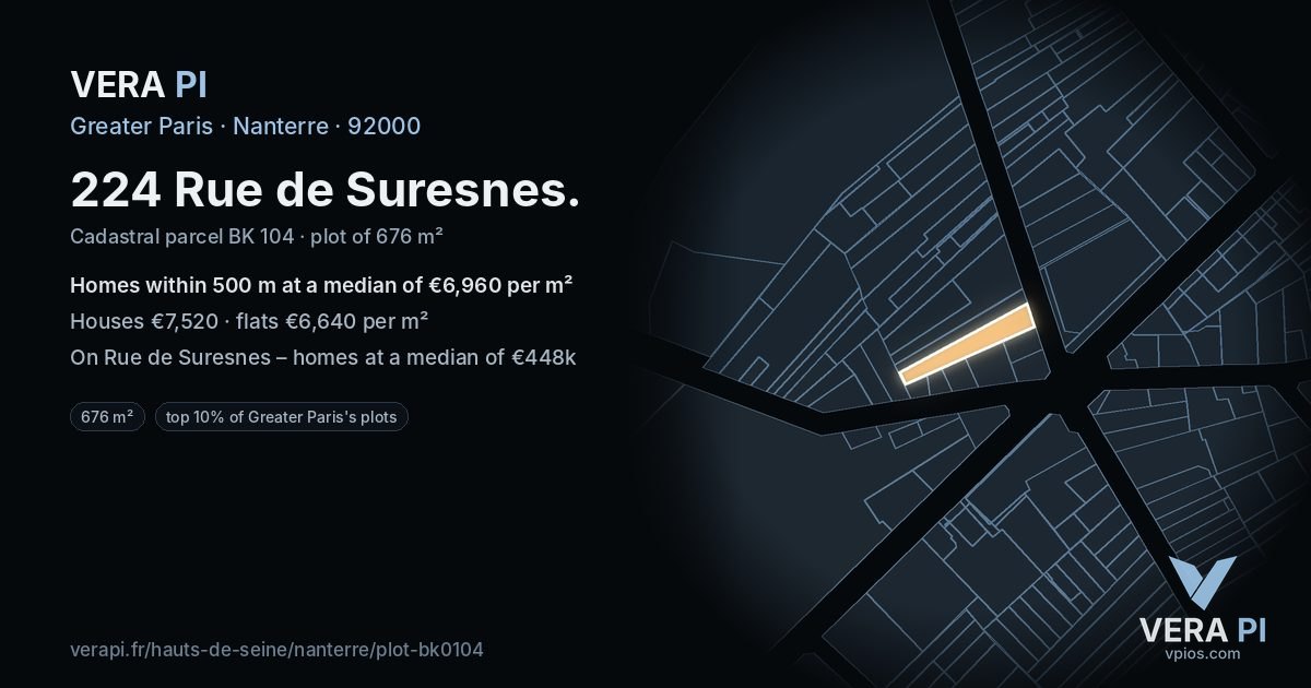 224 Rue de Suresnes, Nanterre at night – the plot lit, the parcels around coloured by the prices near them