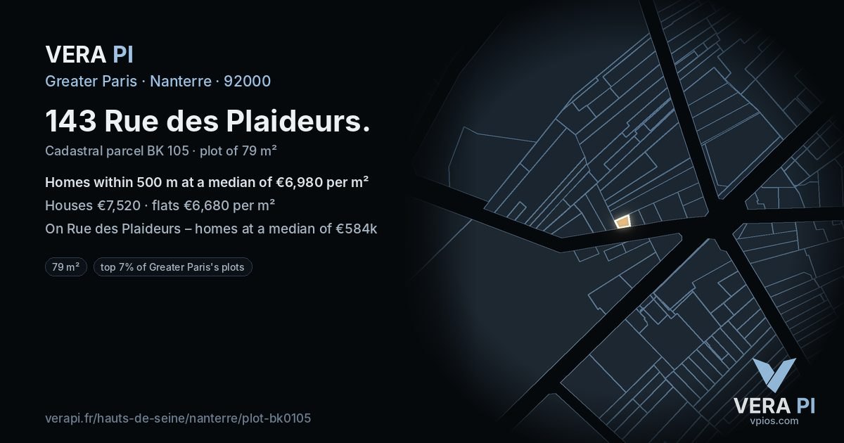 143 Rue des Plaideurs, Nanterre at night – the plot lit, the parcels around coloured by the prices near them