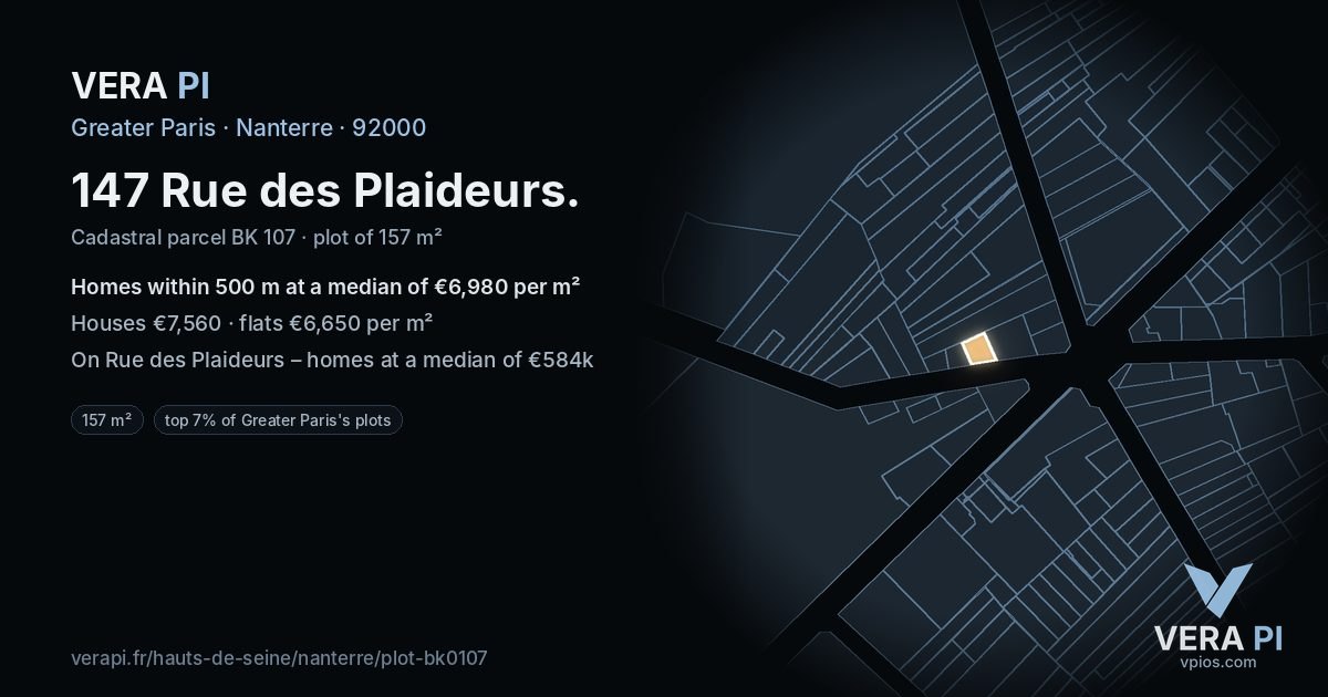 147 Rue des Plaideurs, Nanterre at night – the plot lit, the parcels around coloured by the prices near them