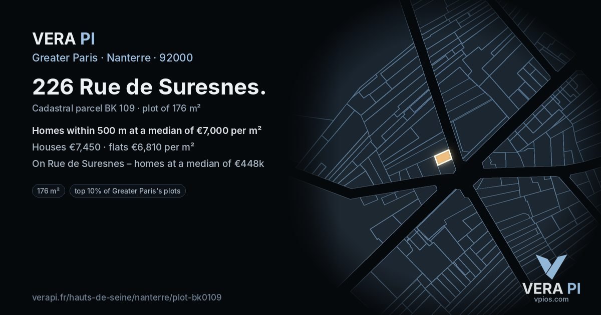 226 Rue de Suresnes, Nanterre at night – the plot lit, the parcels around coloured by the prices near them