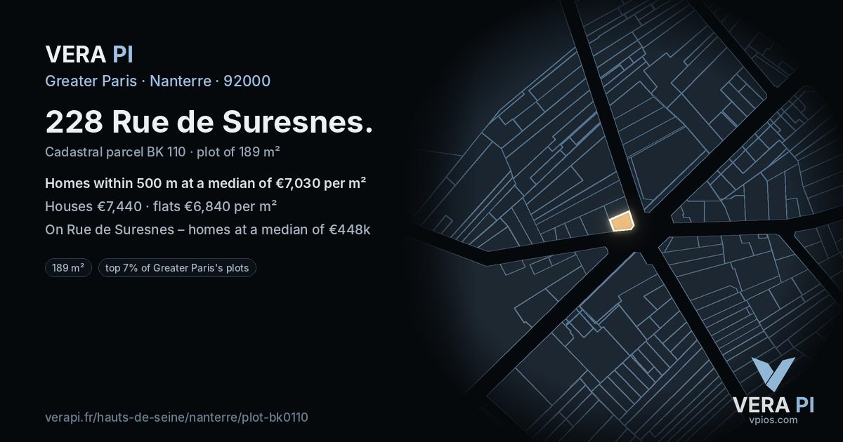 228 Rue de Suresnes, Nanterre at night – the plot lit, the parcels around coloured by the prices near them