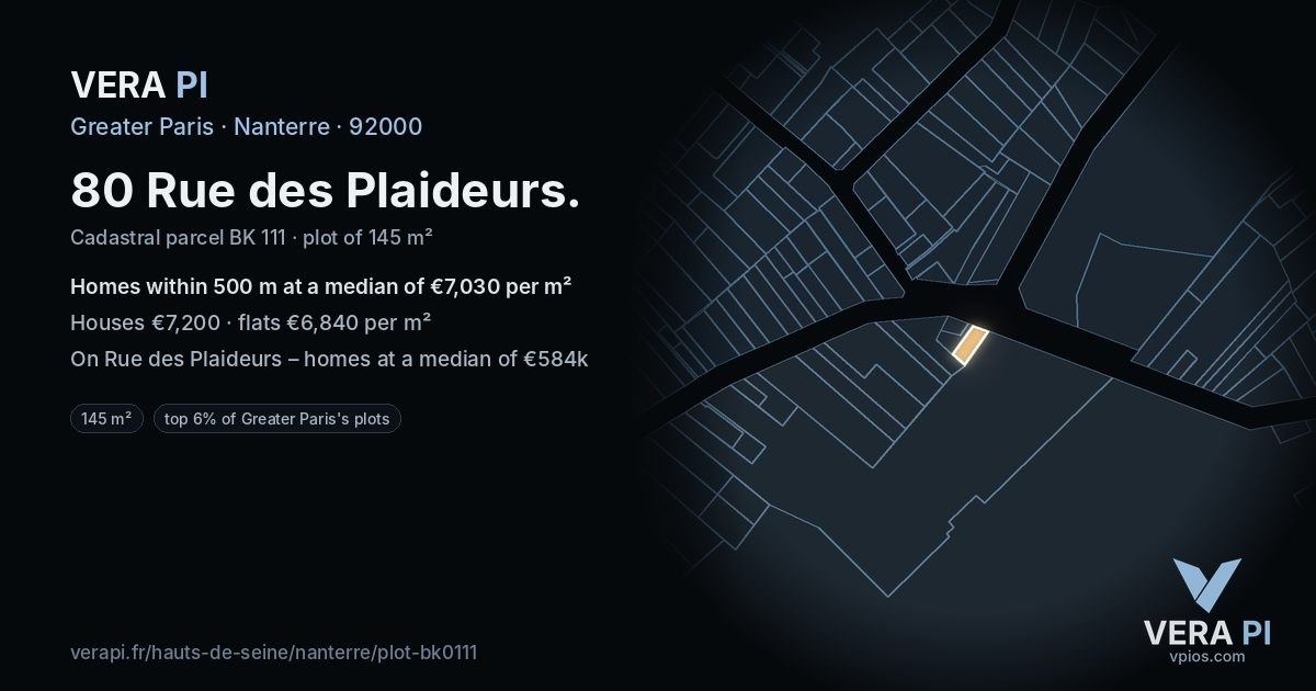 80 Rue des Plaideurs, Nanterre at night – the plot lit, the parcels around coloured by the prices near them