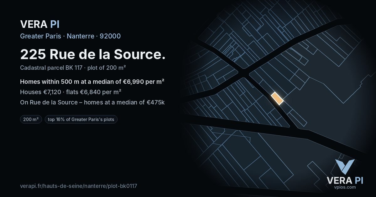 225 Rue de la Source, Nanterre at night – the plot lit, the parcels around coloured by the prices near them