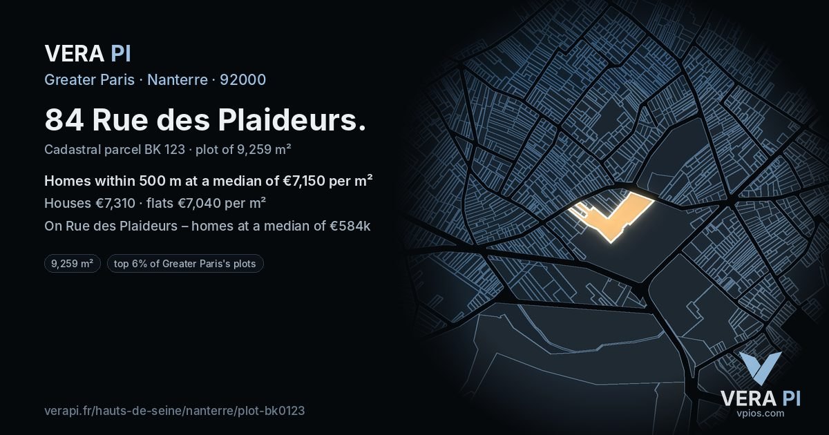 84 Rue des Plaideurs, Nanterre at night – the plot lit, the parcels around coloured by the prices near them