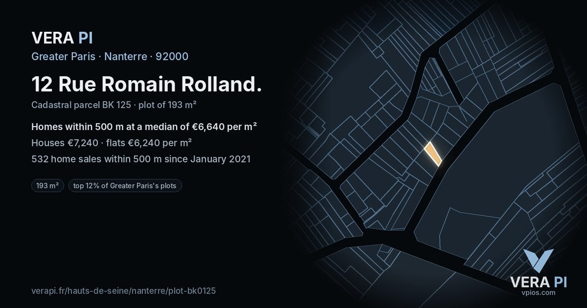 12 Rue Romain Rolland, Nanterre at night – the plot lit, the parcels around coloured by the prices near them
